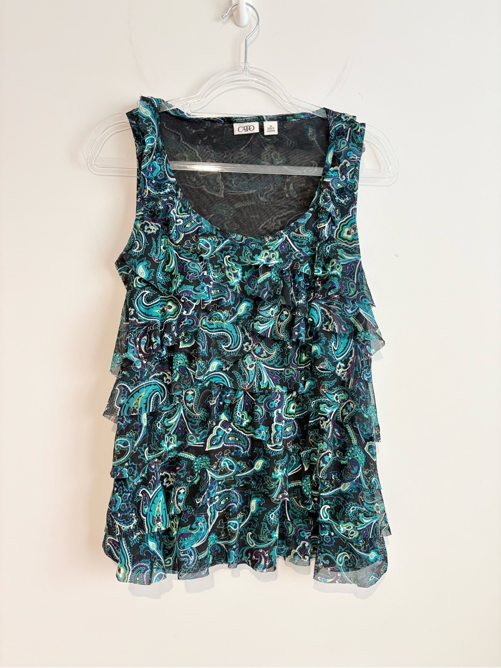 Cato Paisley Ruffle Mesh Tank Top Blue Green Size medium